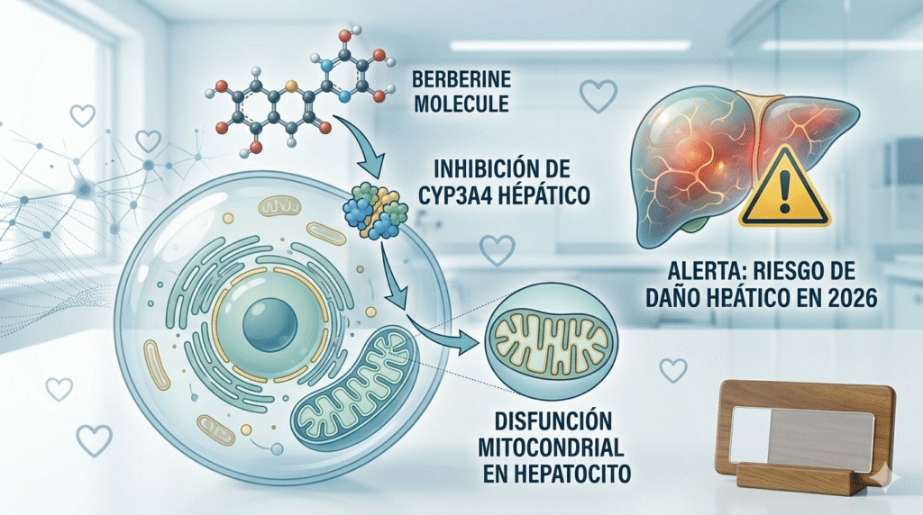 Infografía médica del metabolismo de la Berberina en el hígado y su inhibición de CYP3A4, causando toxicidad hepática.