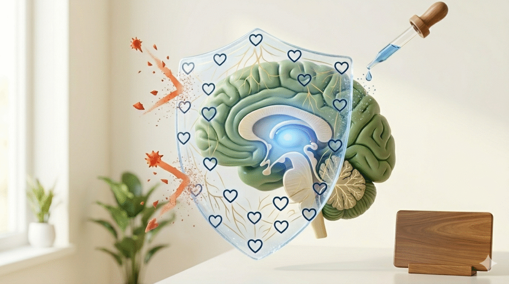 Representación médica del mecanismo de inmunoterapia contra el estrés y la ansiedad en el cerebro humano.