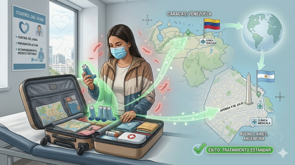Infografía médica que visualiza el control del asma al emigrar. Muestra una paciente venezolana en un consultorio en Buenos Aires, Argentina, con inhaladores y mapas de Caracas y Buenos Aires, junto con información sobre micobacterias, inflamación pulmonar y dificultad respiratoria