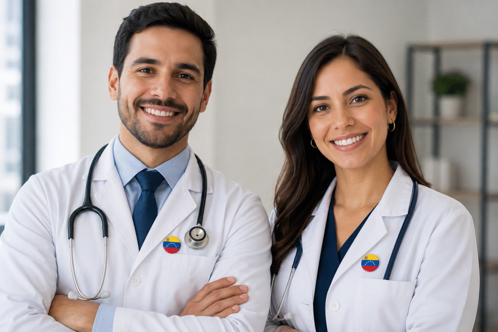 Médicos venezolanos trabajando en telemedicina con bata médica y bandera de Venezuela