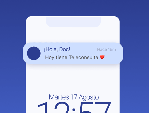 Notificación en teléfono móvil con recordatorio de teleconsulta para médico en MiDocDoc.