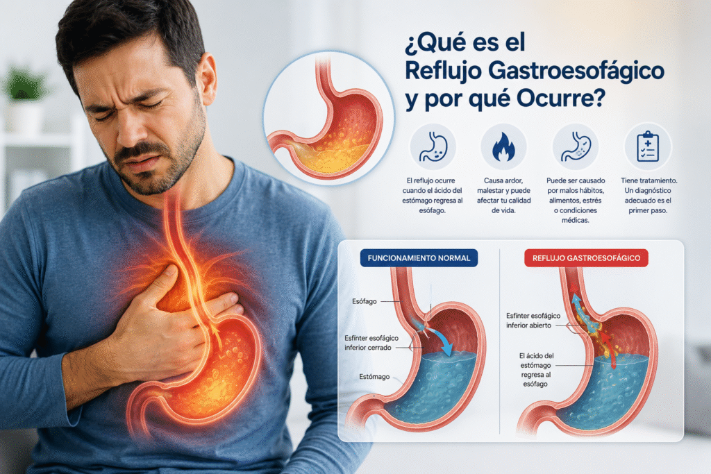 Ilustración o persona sintiendo acidez por reflujo gastroesofagico causas y tratamiento.