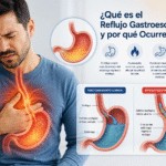 Ilustración o persona sintiendo acidez por reflujo gastroesofagico causas y tratamiento.