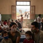 Familias en un albergue en Venezuela expuestas a polvo y riesgos de infecciones respiratorias.