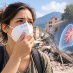 Mujer con mascarilla protegiéndose el sistema respiratorio entre escombros tras un terremoto