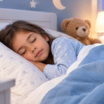 Niña durmiendo plácidamente en su cama, representando la importancia del sueño infantil para su crecimiento y desarrollo.